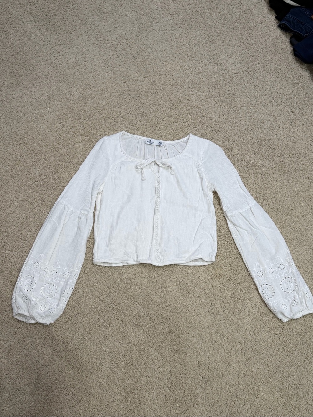 Hollister White Gauze Long Sleeve Lace Peasant Blouse Top Boho Tie Detail XS